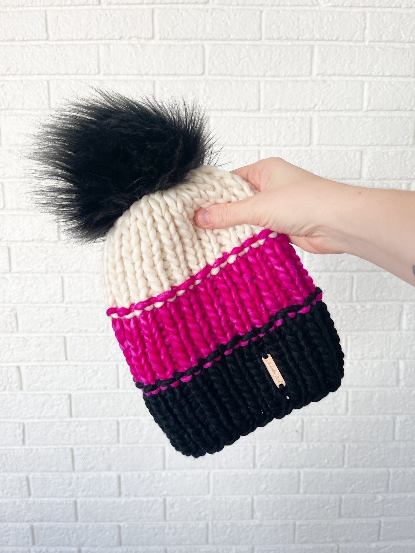 Color Block Beanie // Black, Fuchsia, Cream - Merino Wool