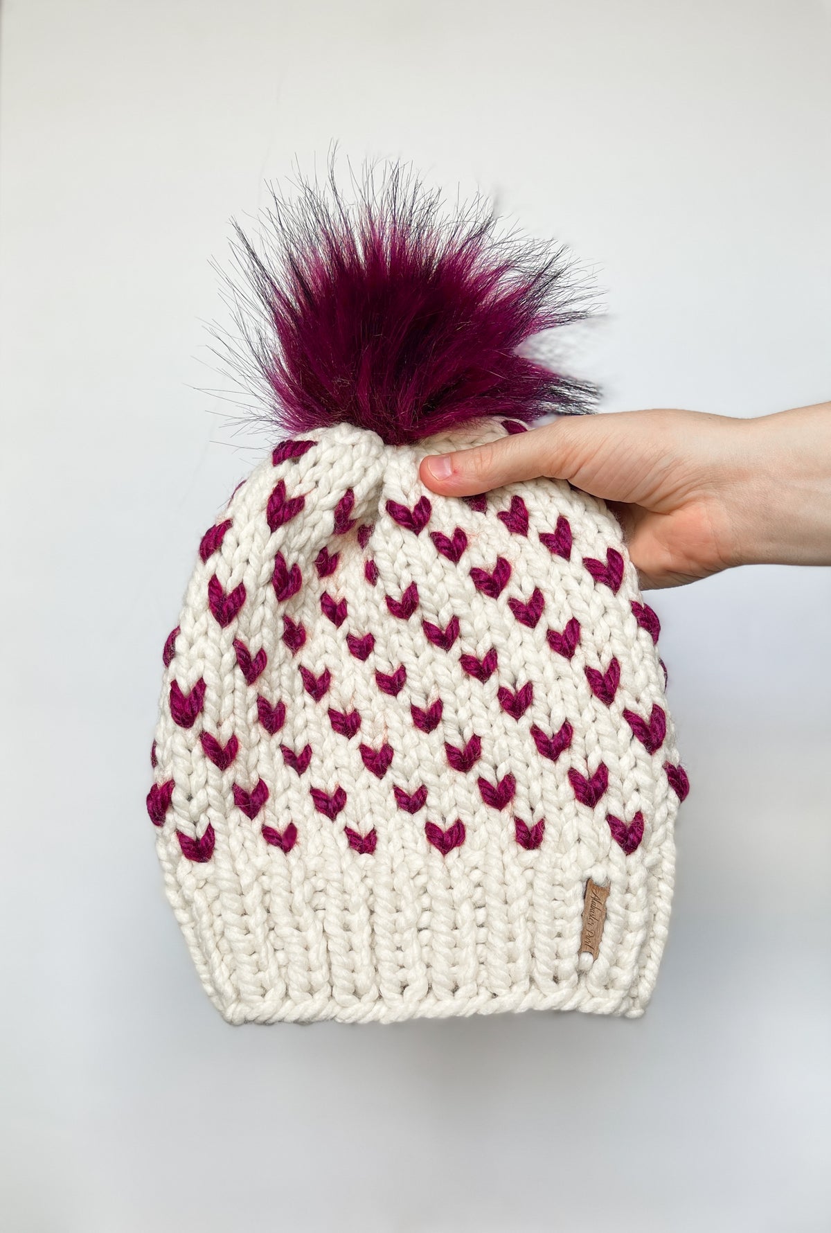 Wild Hearts Beanie // Cream & Maroon Hearts/Pom