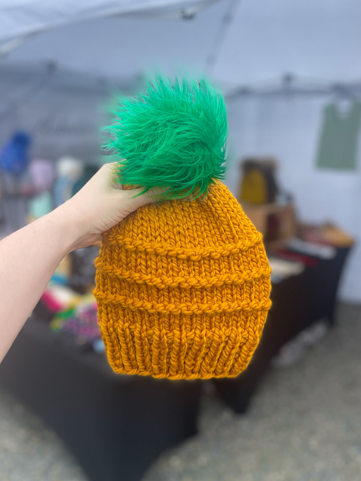 Slone Beanie // Gold + Green Pom