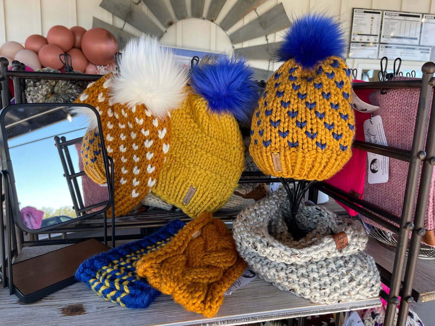 Slone Beanie // Gold with Royal Blue Pom