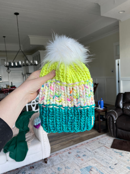 Color Block Beanie //  Teal, Neon Funfetti, Fluo - Merino Wool