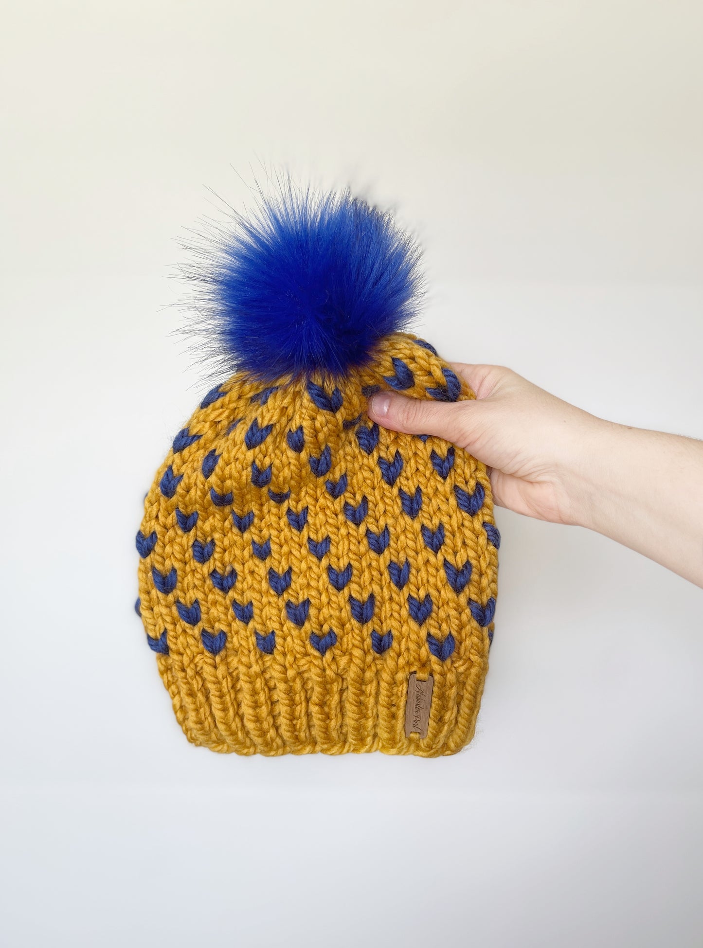 Wild Hearts Beanie // Gold with Royal Blue Hearts and Pom