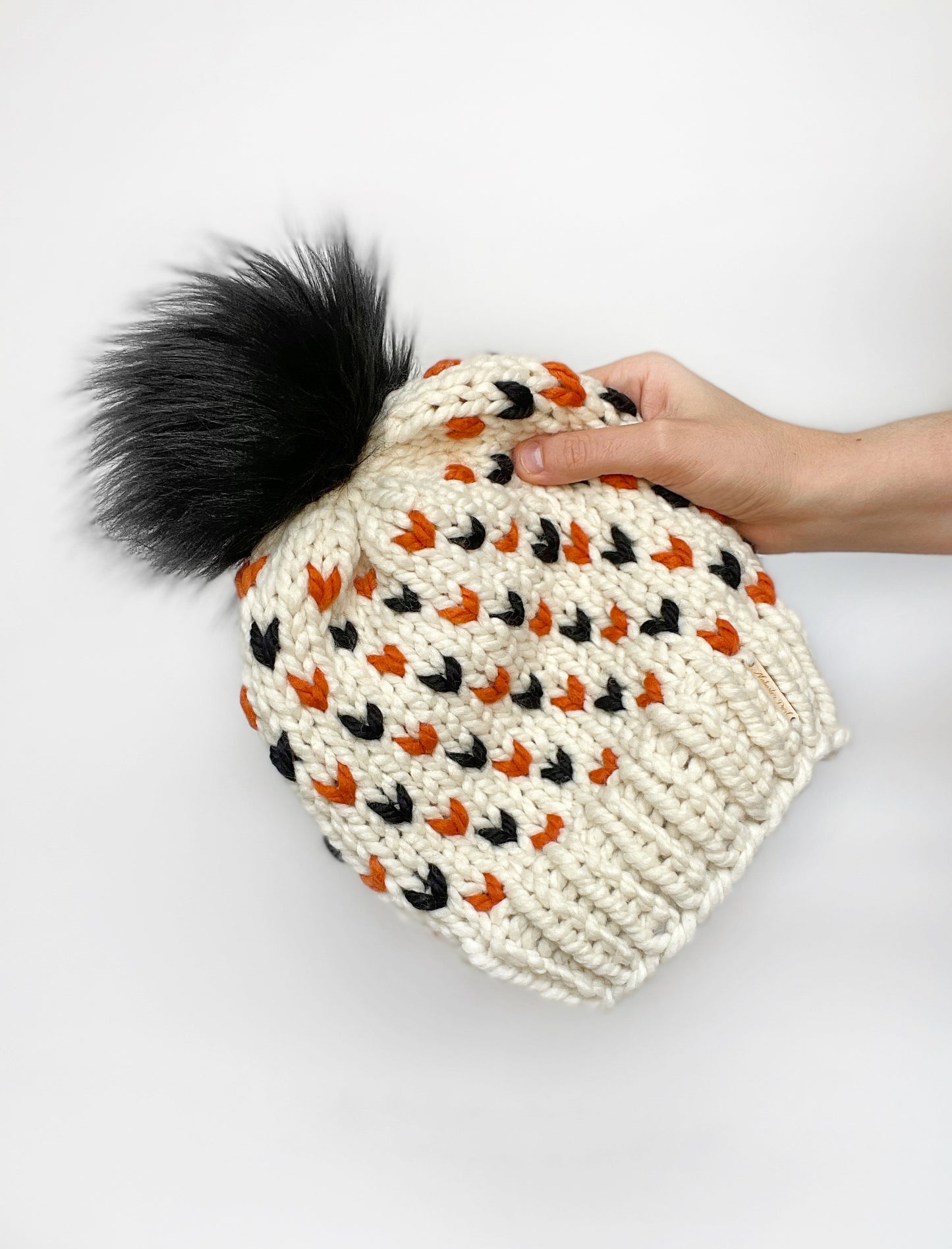 Wild Hearts Beanie // Cream with Orange and Black Hearts