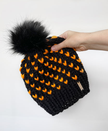 Wild Hearts Beanie // Black with Neon Orange Hearts