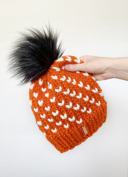 Wild Hearts Beanie // Orange with Cream Hearts