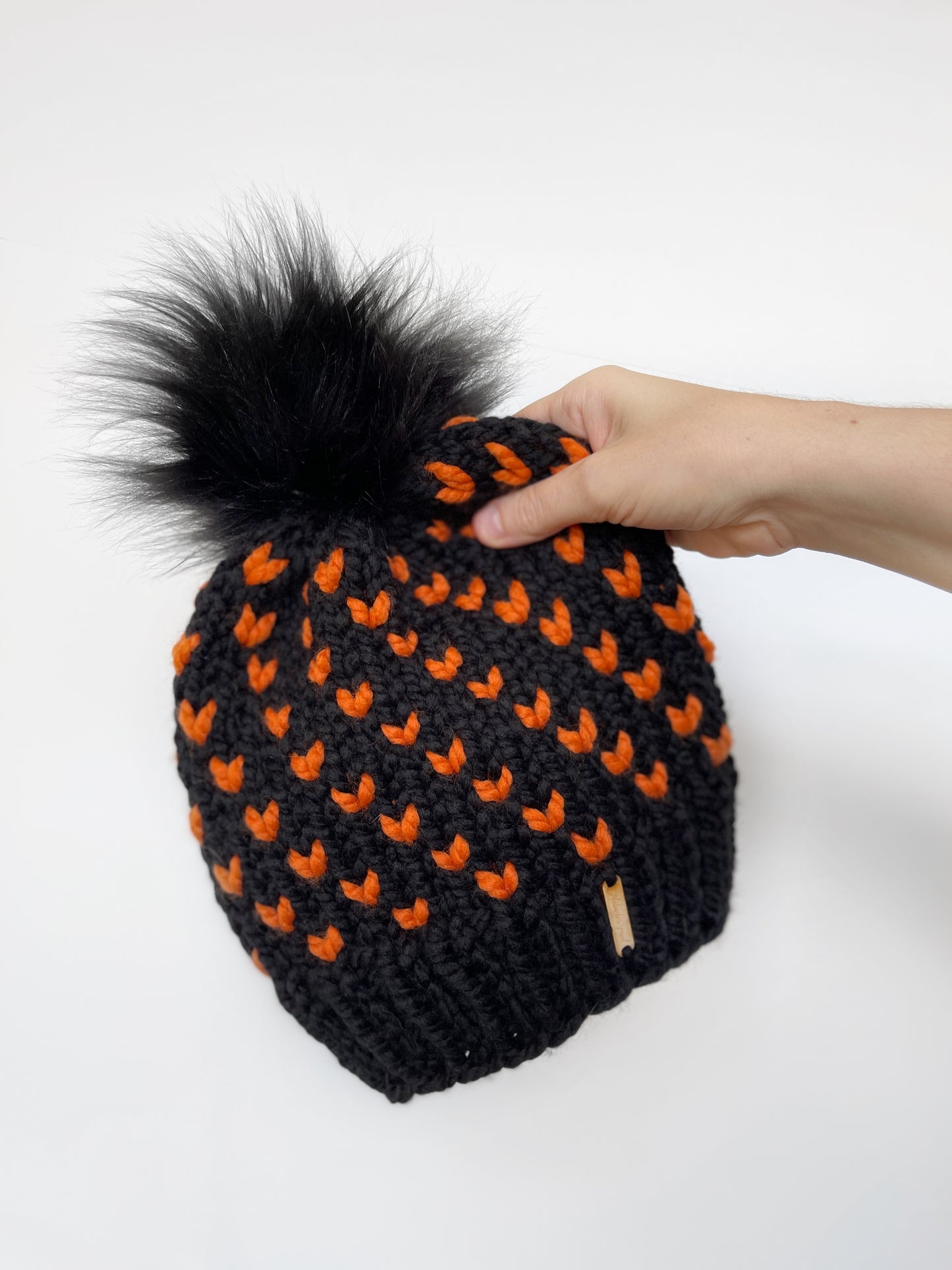 Wild Hearts Beanie // Black with Orange Hearts - Pick Your Pom