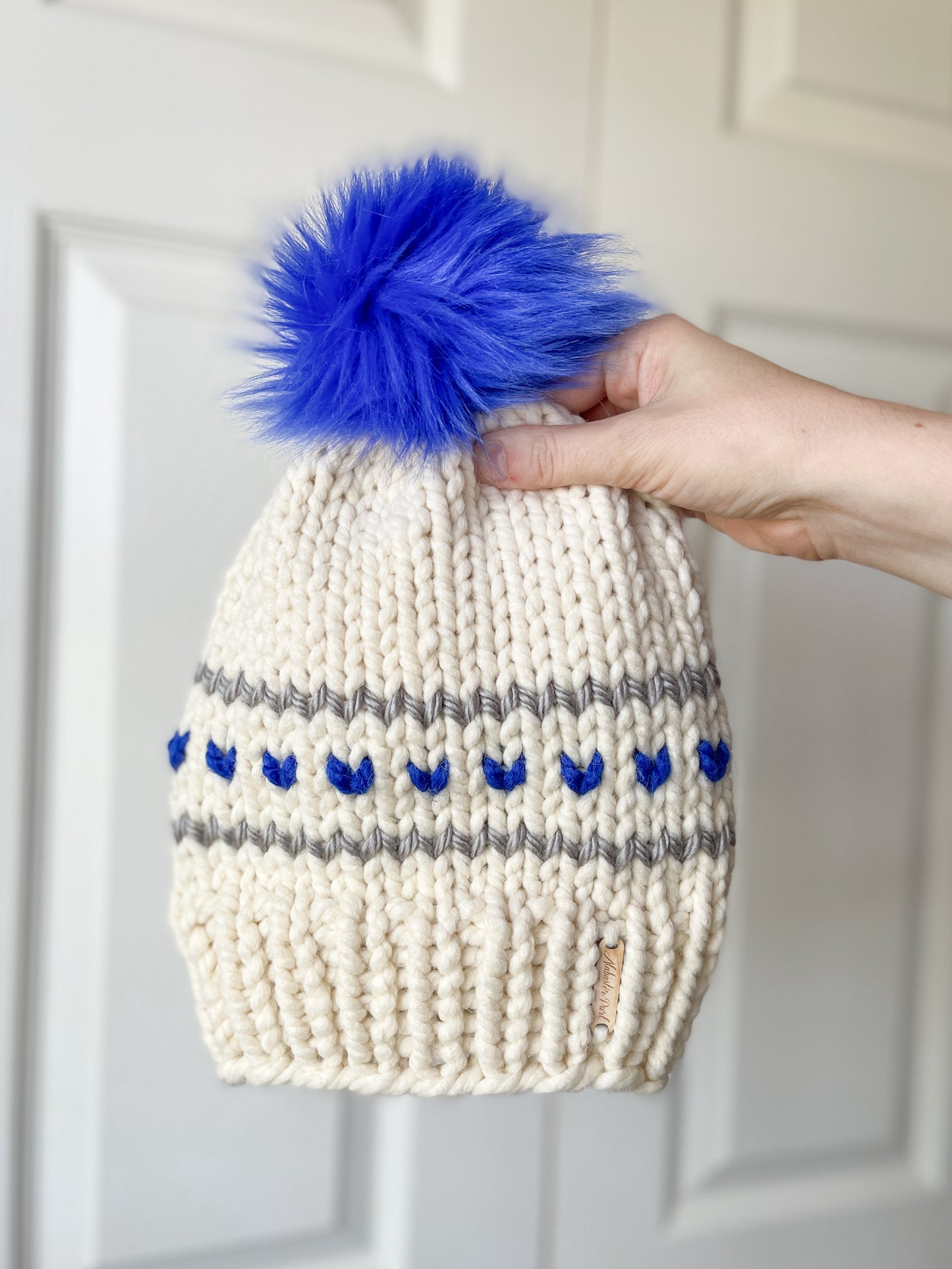 Hearts and Stripes Beanie // Cream, Grey, Royal Blue