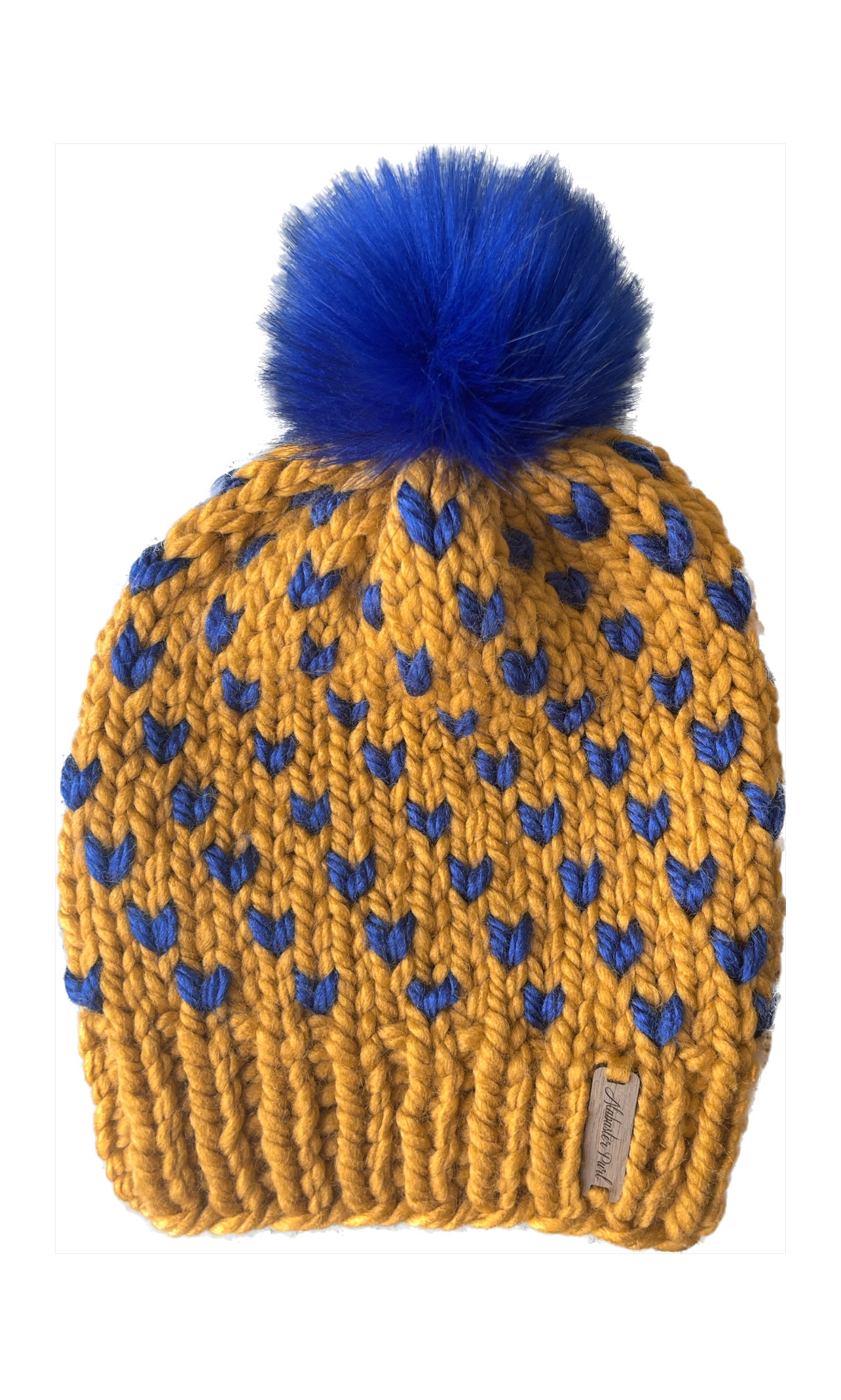 Wild Hearts Beanie // Gold with Royal Blue Hearts and Pom