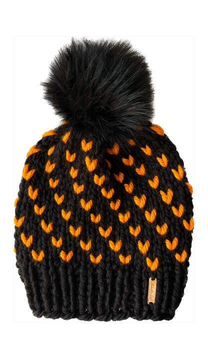 Wild Hearts Beanie // Black with Neon Orange Hearts