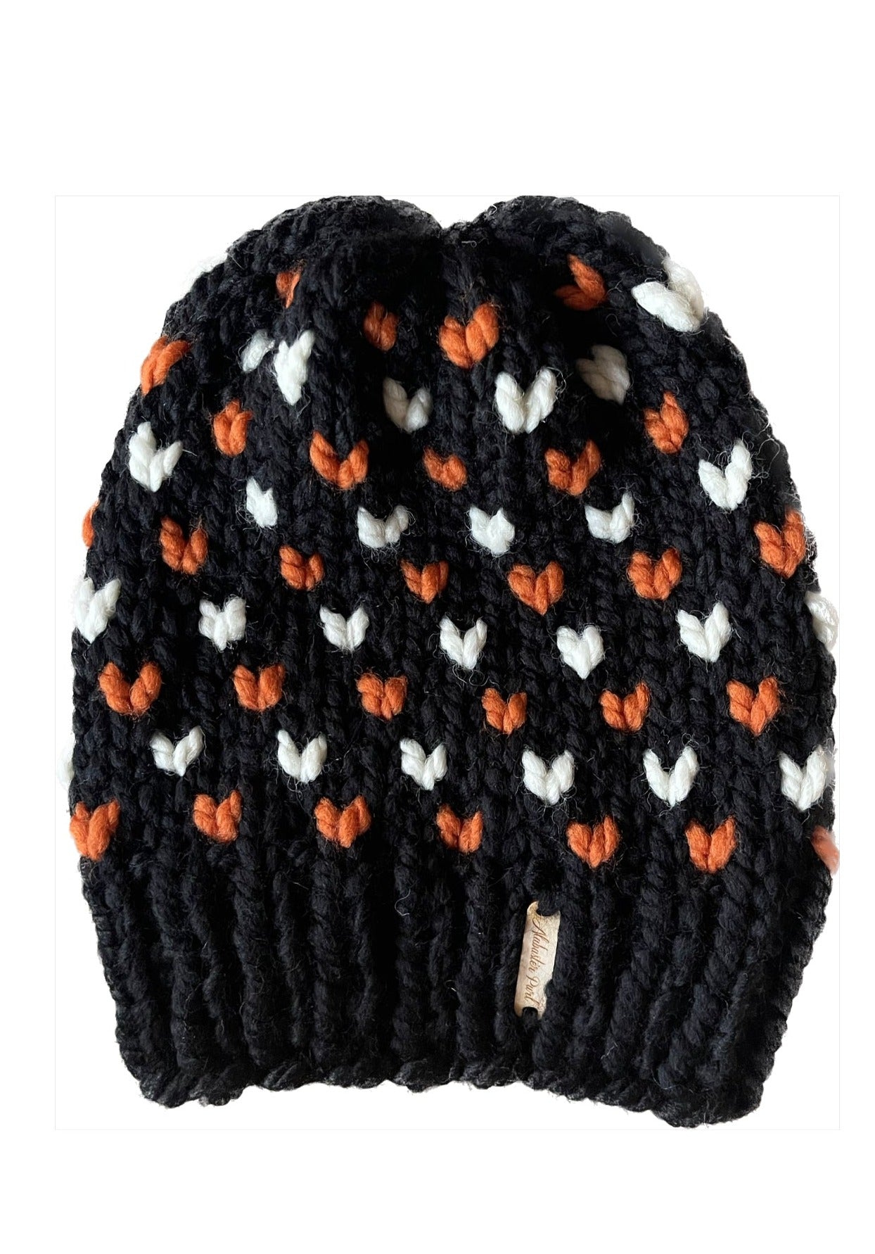 Wild Hearts Beanie // Black with Orange and White Hearts