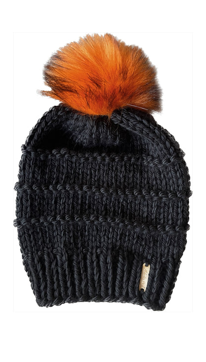 Slone Beanie // Black with Orange Pom