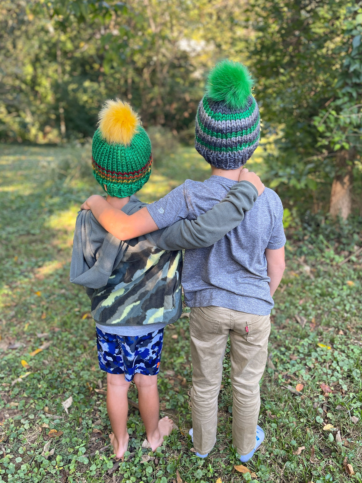Striped Beanie // Green, gold, orange, red  - Pick your pom