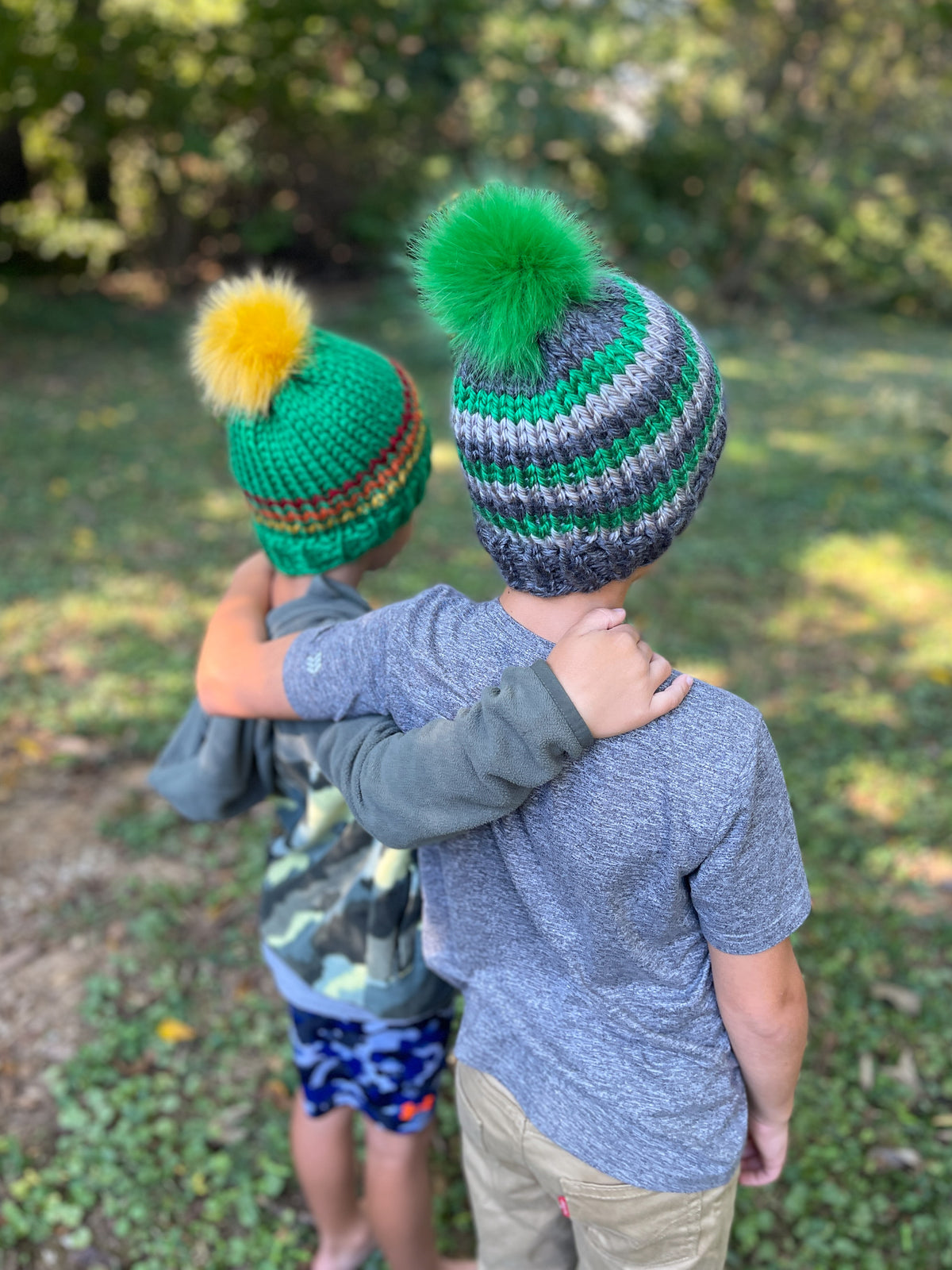 Striped Beanie // Greys and Greens - Pick your pom