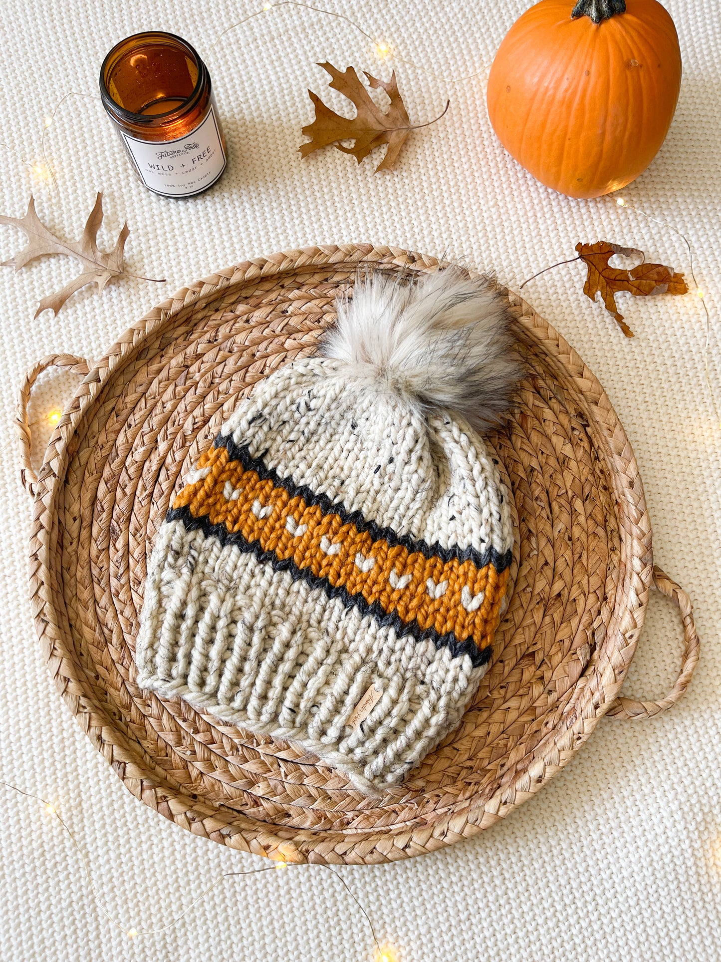 Hearts and Stripes Beanie // Oatmeal, Gold and Charcoal