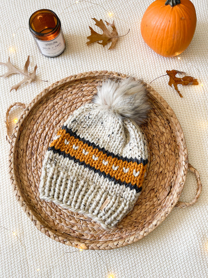 Hearts and Stripes Beanie // Oatmeal, Gold and Charcoal