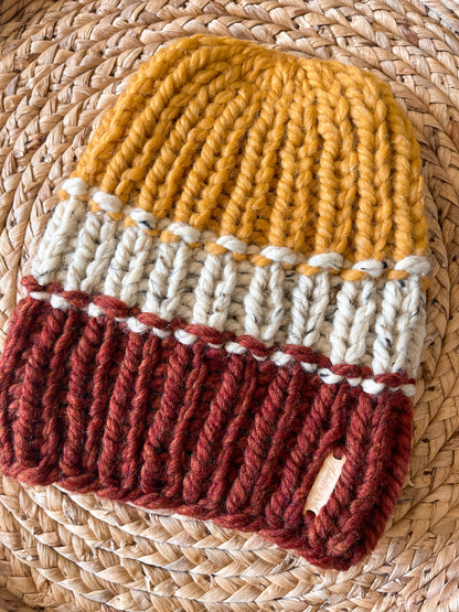 Color Block Beanie // Spice, Oatmeal, Mustard - Pick your pom