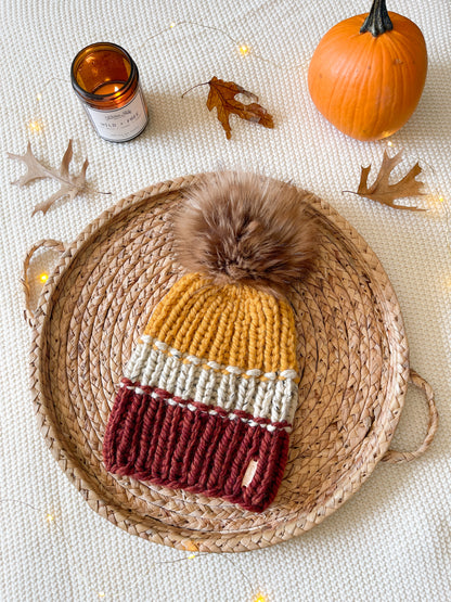 Color Block Beanie // Spice, Oatmeal, Mustard - Pick your pom