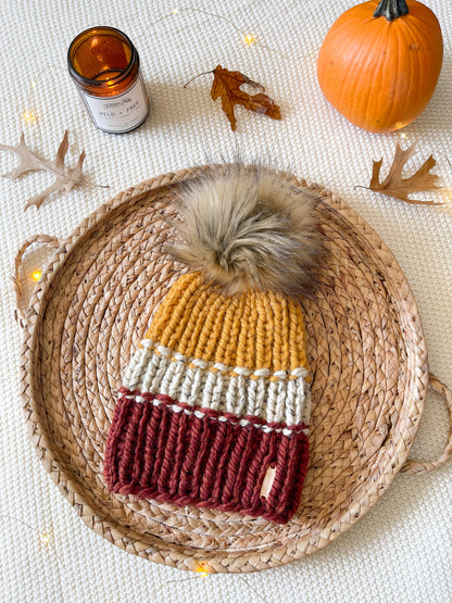 Color Block Beanie // Spice, Oatmeal, Mustard - Pick your pom