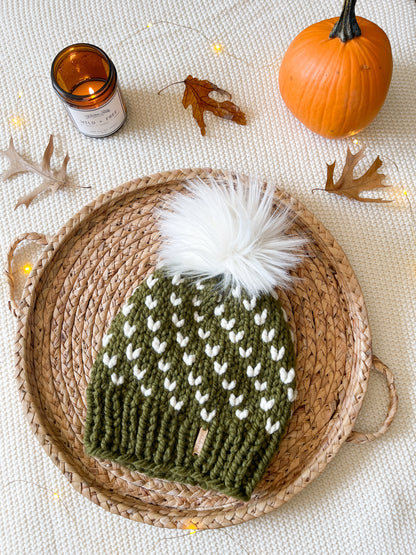 Wild Hearts Beanie // Olive Green and Cream - Pick your pom