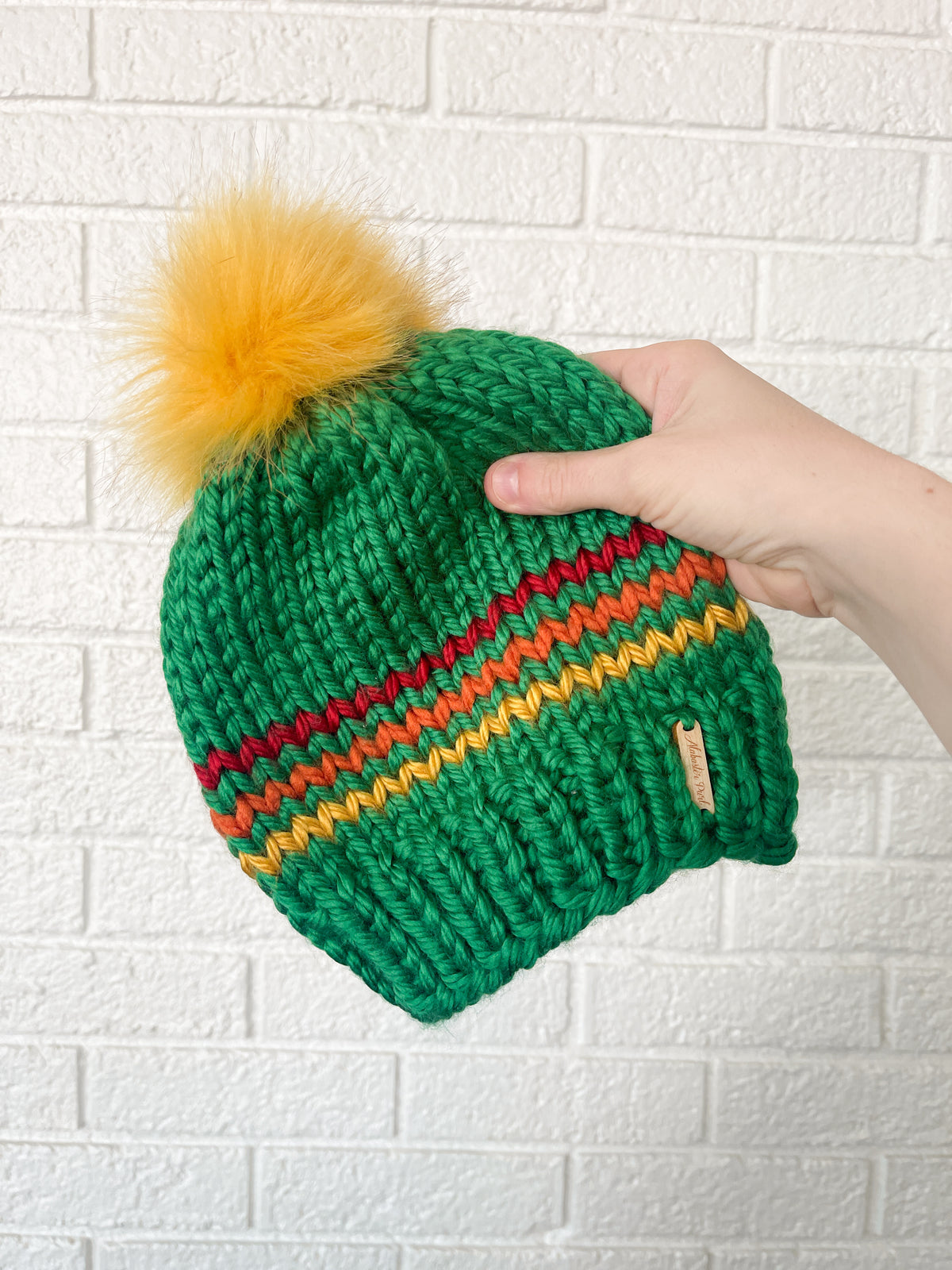 Striped Beanie // Green, gold, orange, red  - Pick your pom