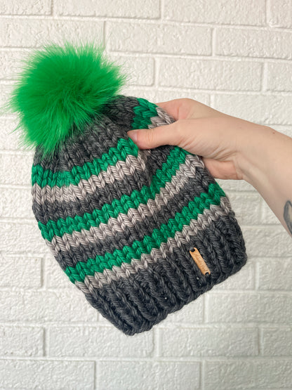 Striped Beanie // Greys and Greens - Pick your pom