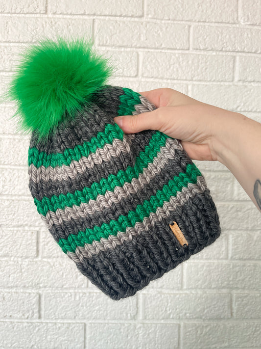 Striped Beanie // Greys and Greens - Pick your pom