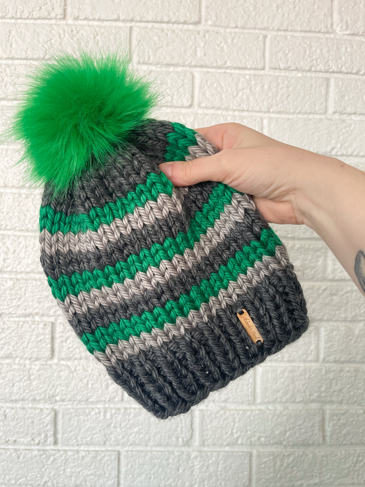 Striped Beanie // Greys and Greens - Pick your pom