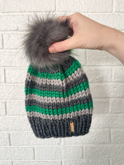 Striped Beanie // Greys and Greens - Pick your pom