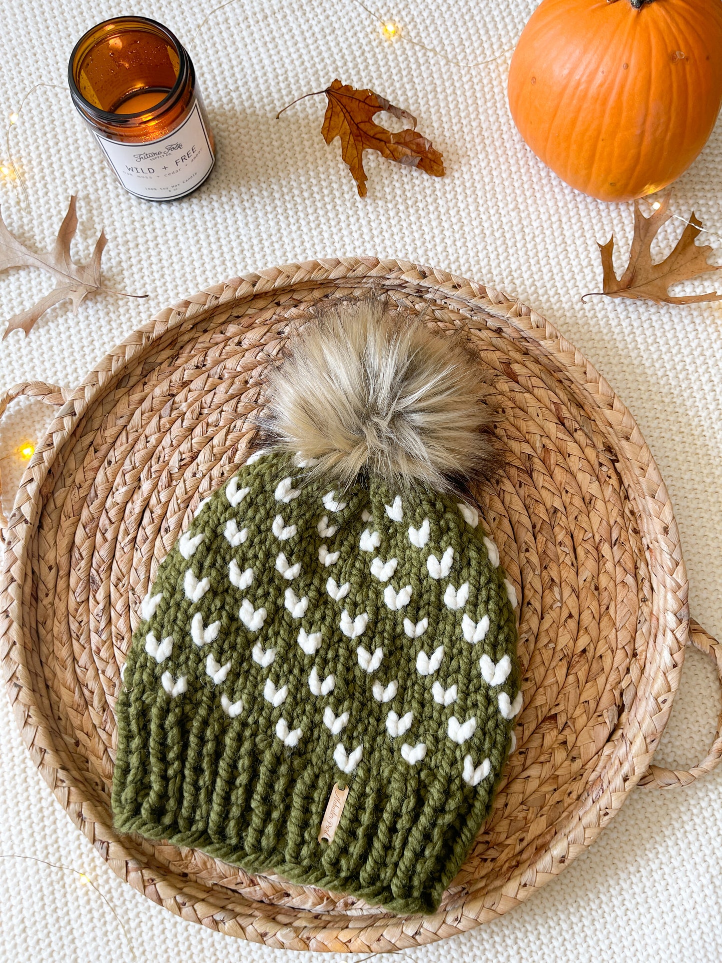 Wild Hearts Beanie // Olive Green and Cream - Pick your pom