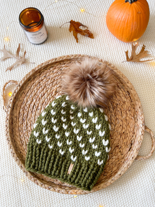 Wild Hearts Beanie // Olive Green and Cream - Pick your pom