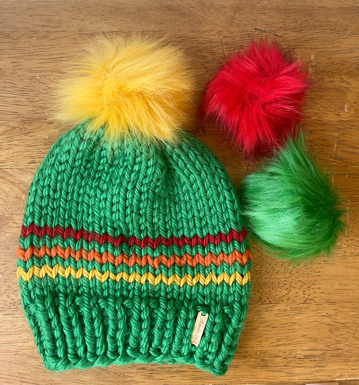 Striped Beanie // Green, gold, orange, red  - Pick your pom