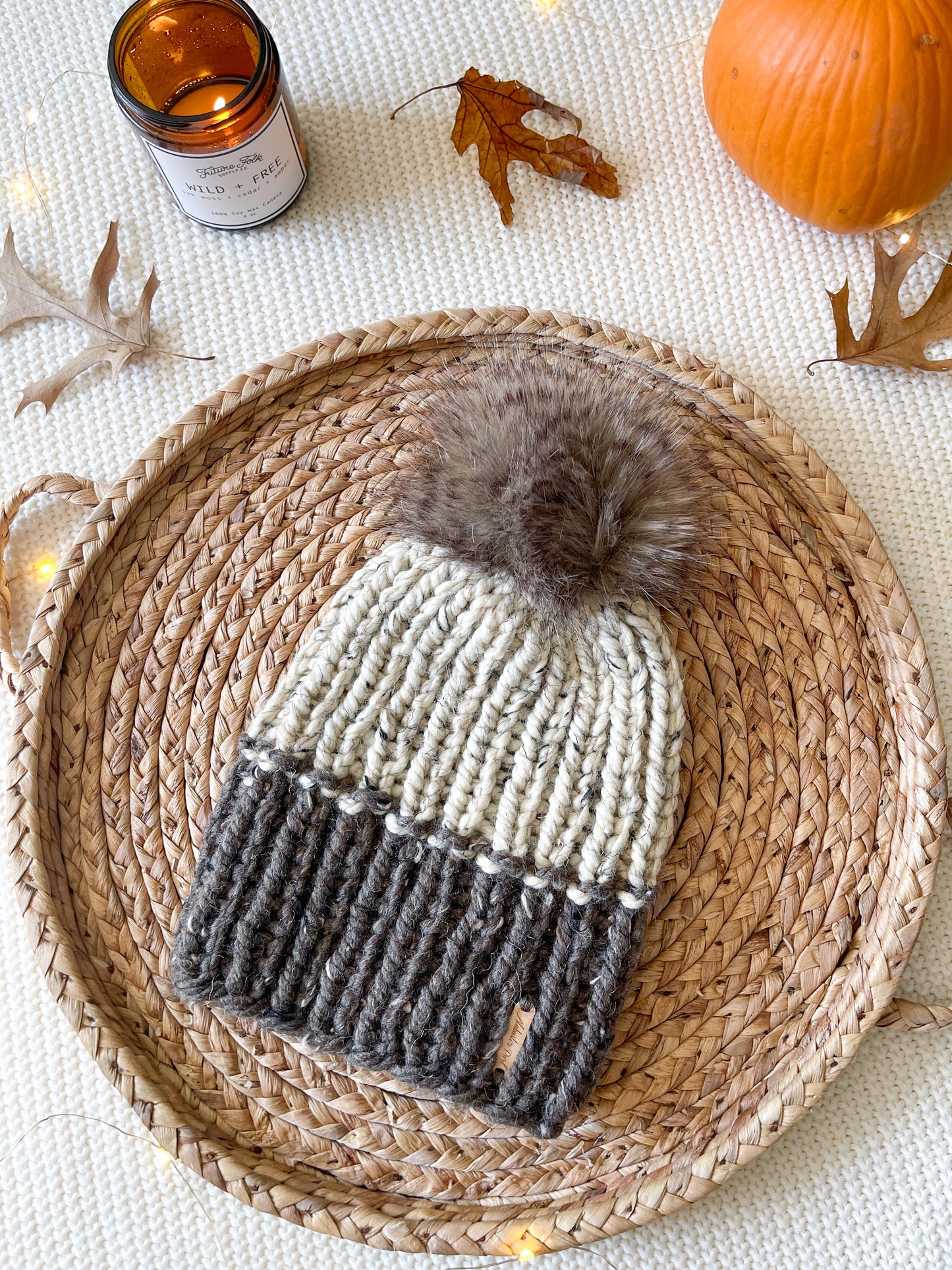 Color Block Beanie // Barley and Oatmeal - Pick your pom