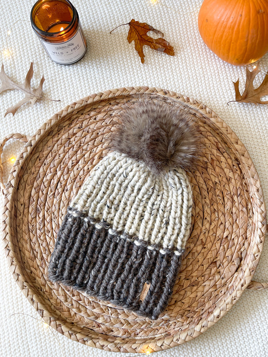 Color Block Beanie // Barley and Oatmeal - Pick your pom