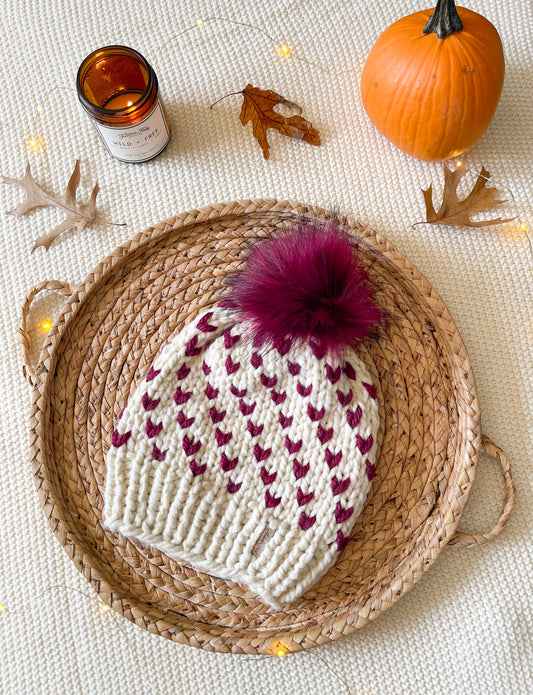 Wild Hearts Beanie // Cream and Maroon - Pick your pom