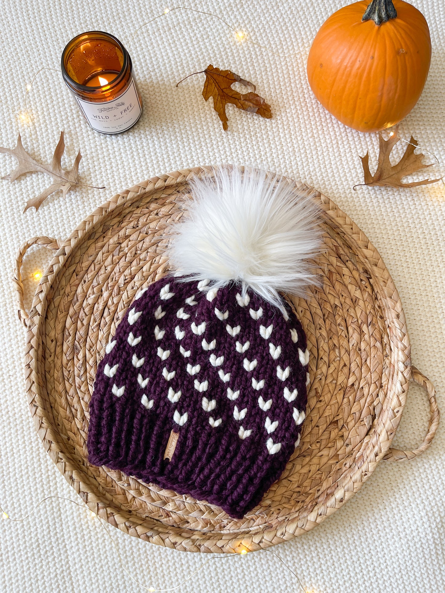 Wild Hearts Beanie // Eggplant and Cream - Pick your pom