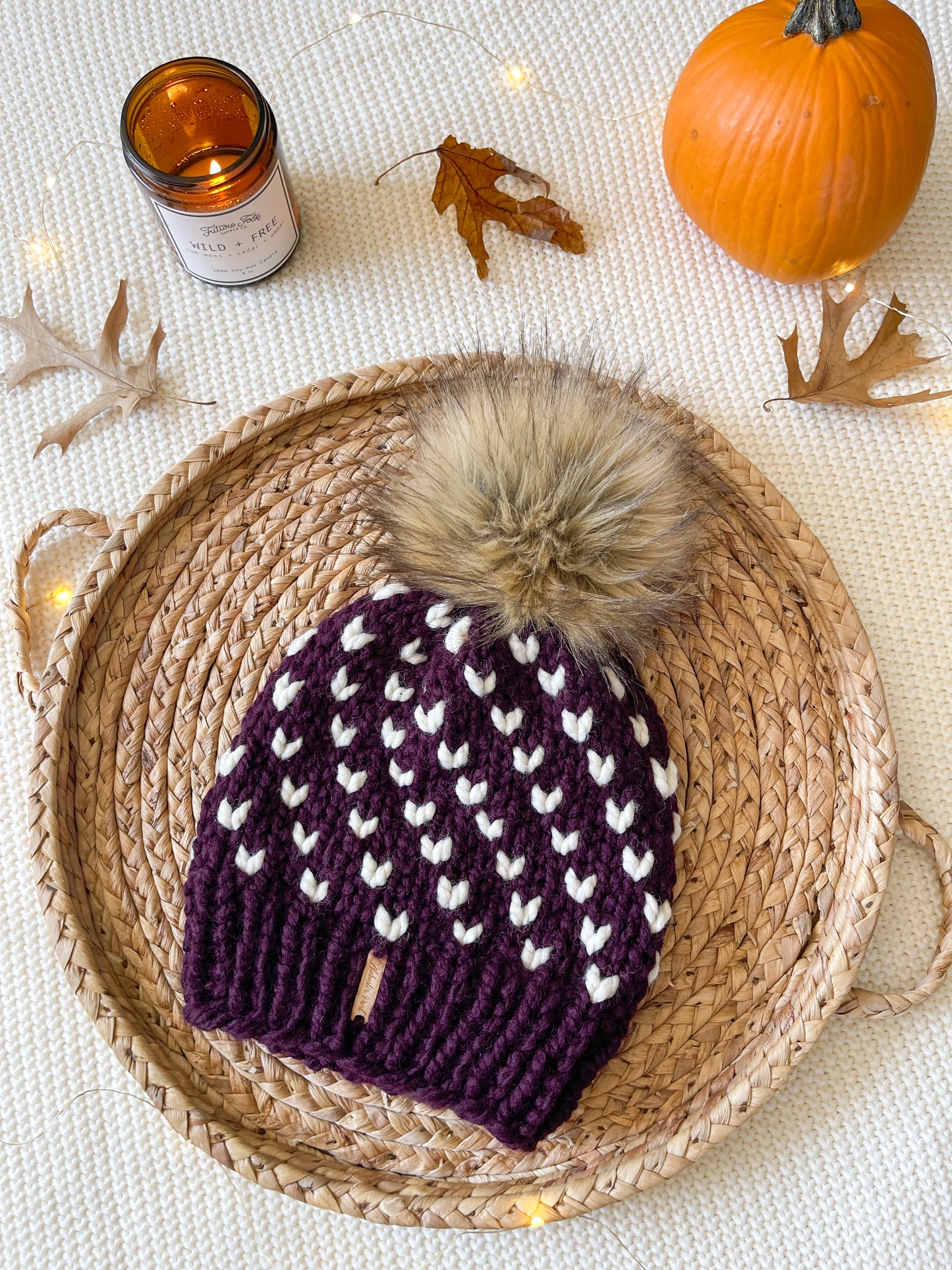 Wild Hearts Beanie // Eggplant and Cream - Pick your pom