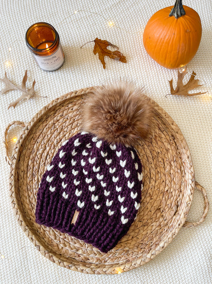 Wild Hearts Beanie // Eggplant and Cream - Pick your pom