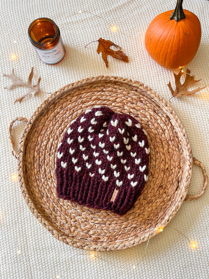 Wild Hearts Beanie // Maroon and Cream - Pick your pom