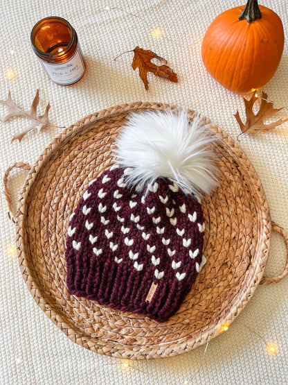 Wild Hearts Beanie // Maroon and Cream - Pick your pom