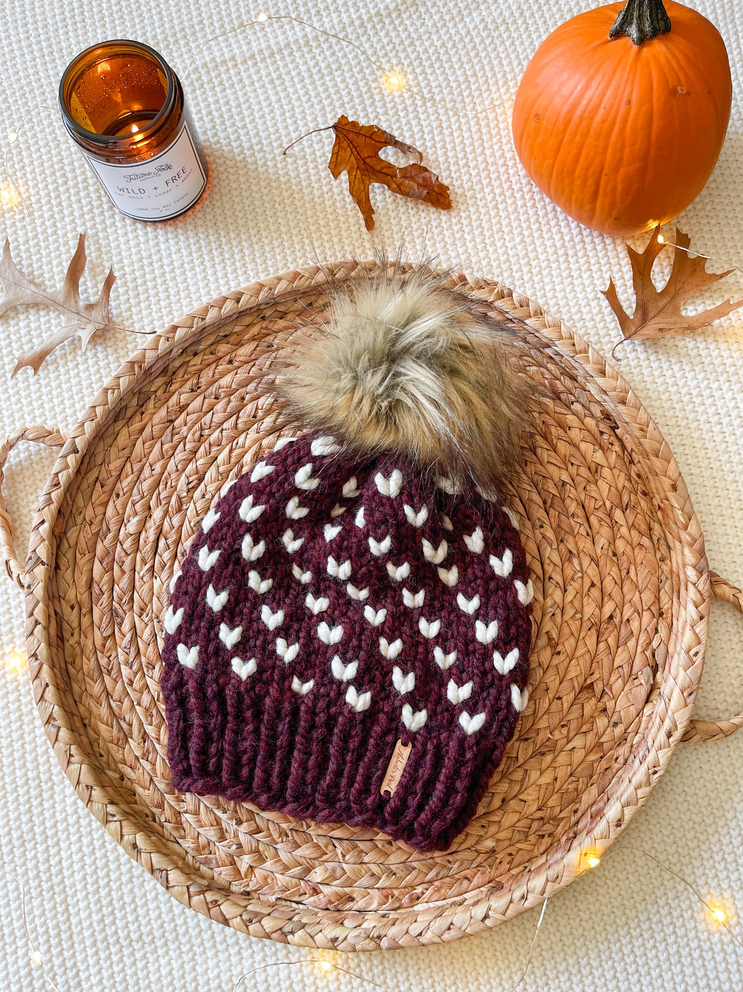 Wild Hearts Beanie // Maroon and Cream - Pick your pom