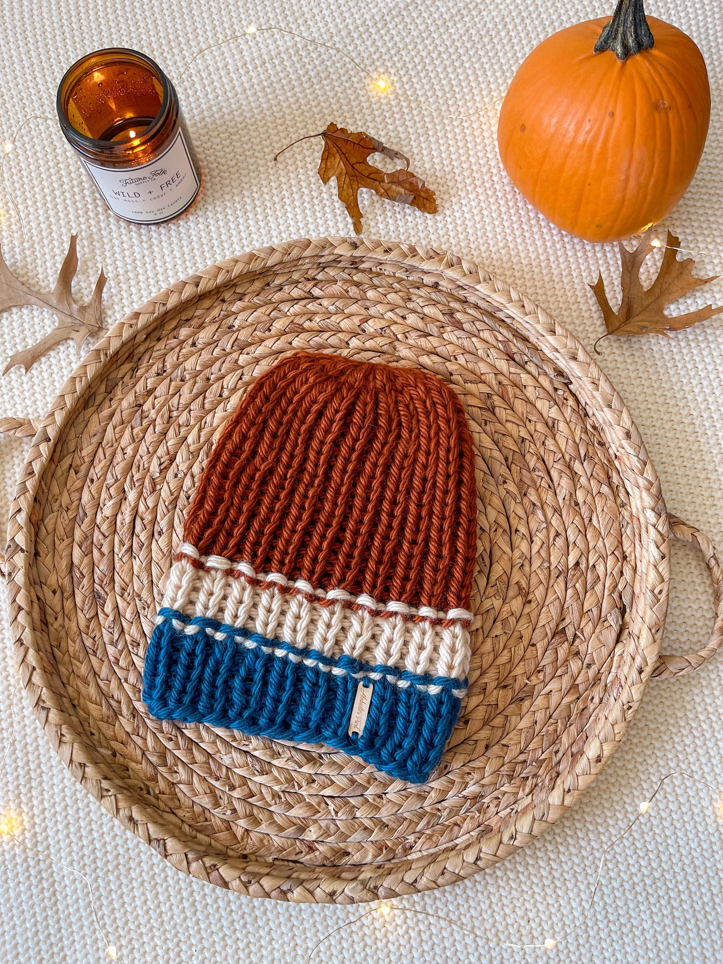 Color Block Beanie // Teal Blue, Cream and Amber - Pick your pom