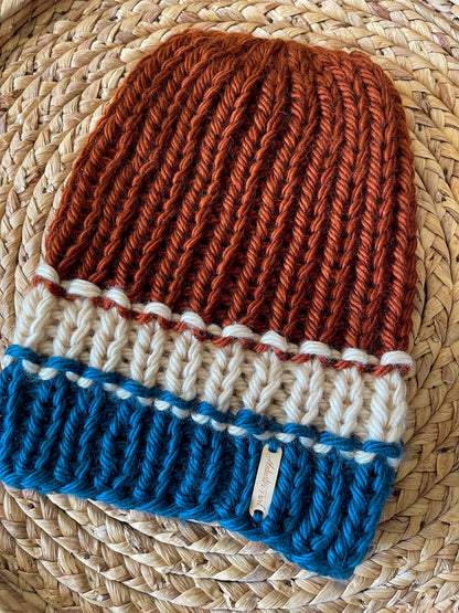 Color Block Beanie // Teal Blue, Cream and Amber - Pick your pom