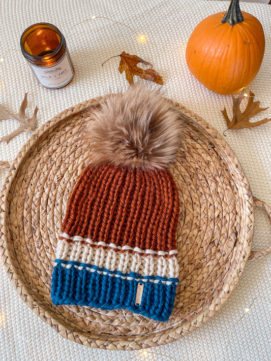 Color Block Beanie // Teal Blue, Cream and Amber - Pick your pom