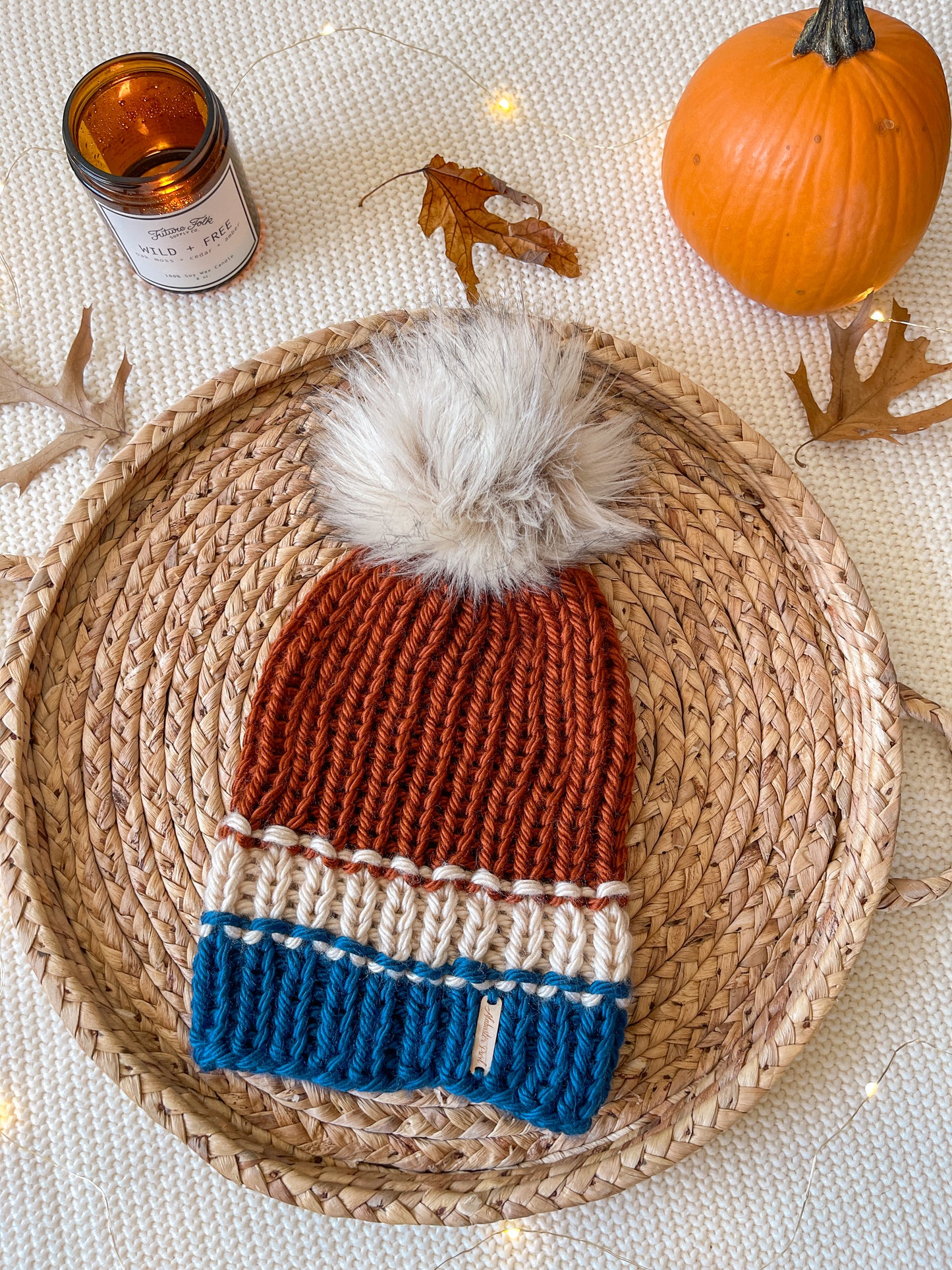 Color Block Beanie // Teal Blue, Cream and Amber - Pick your pom