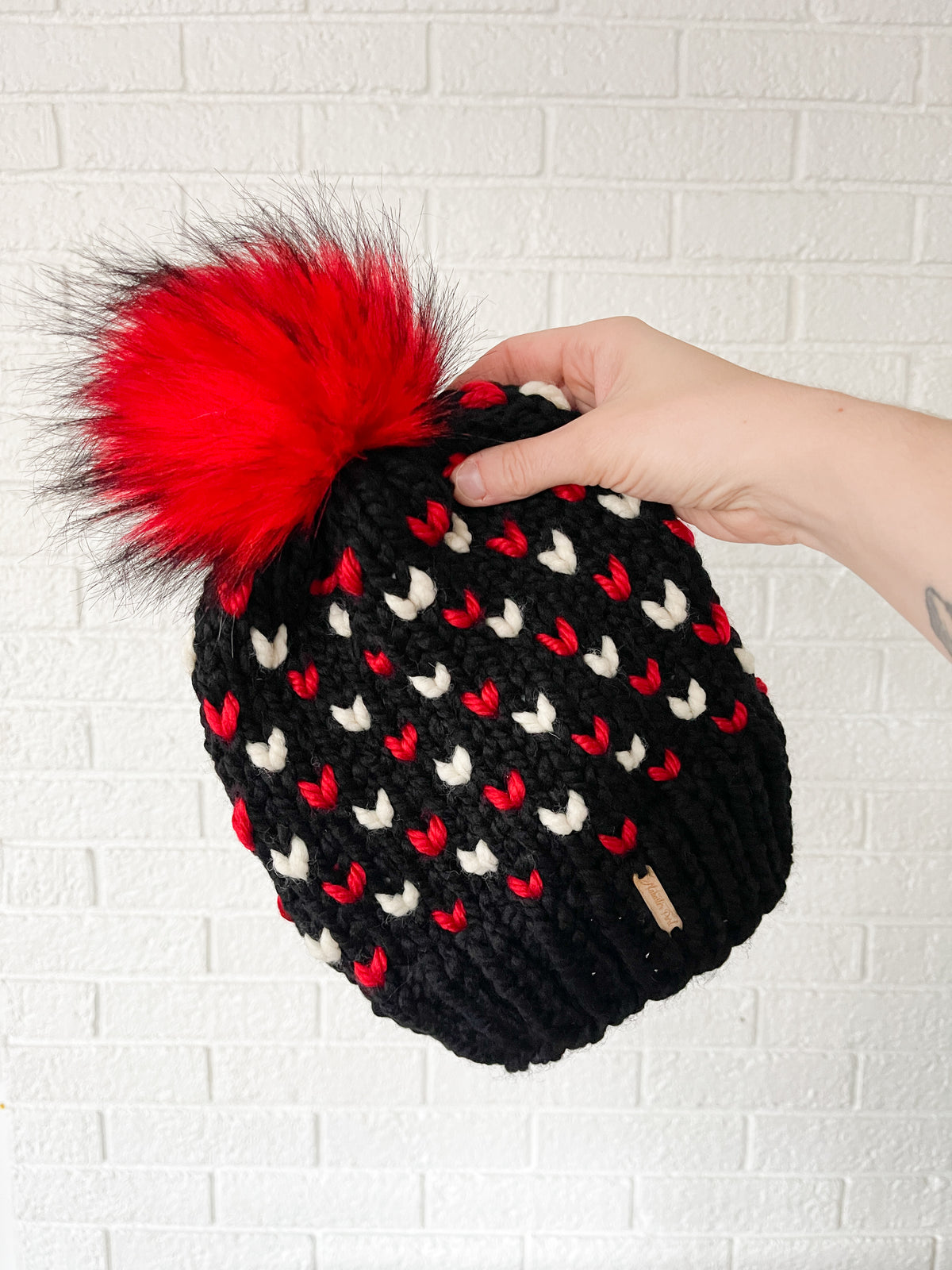 Wild Hearts Beanie // Black with Red and Cream Hearts
