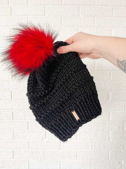 Slone Beanie // Black + Red Pom