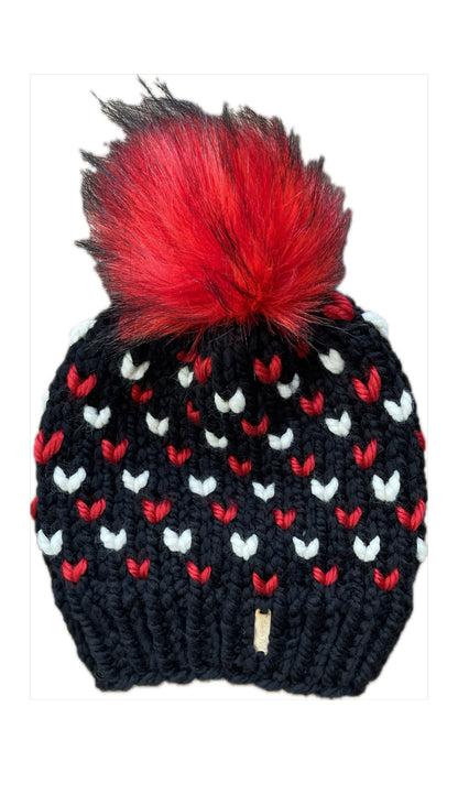 Wild Hearts Beanie // Black with Red and Cream Hearts