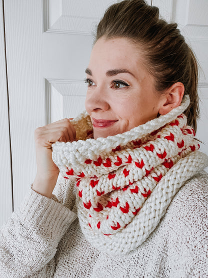 KNITTING PATTERN: Wild Hearts Cowl // Fair Isle Knitting // Valentine's Day Gift // Beginner Knitter // Knit Infinity Scarf Pattern // Quick Knit Pattern