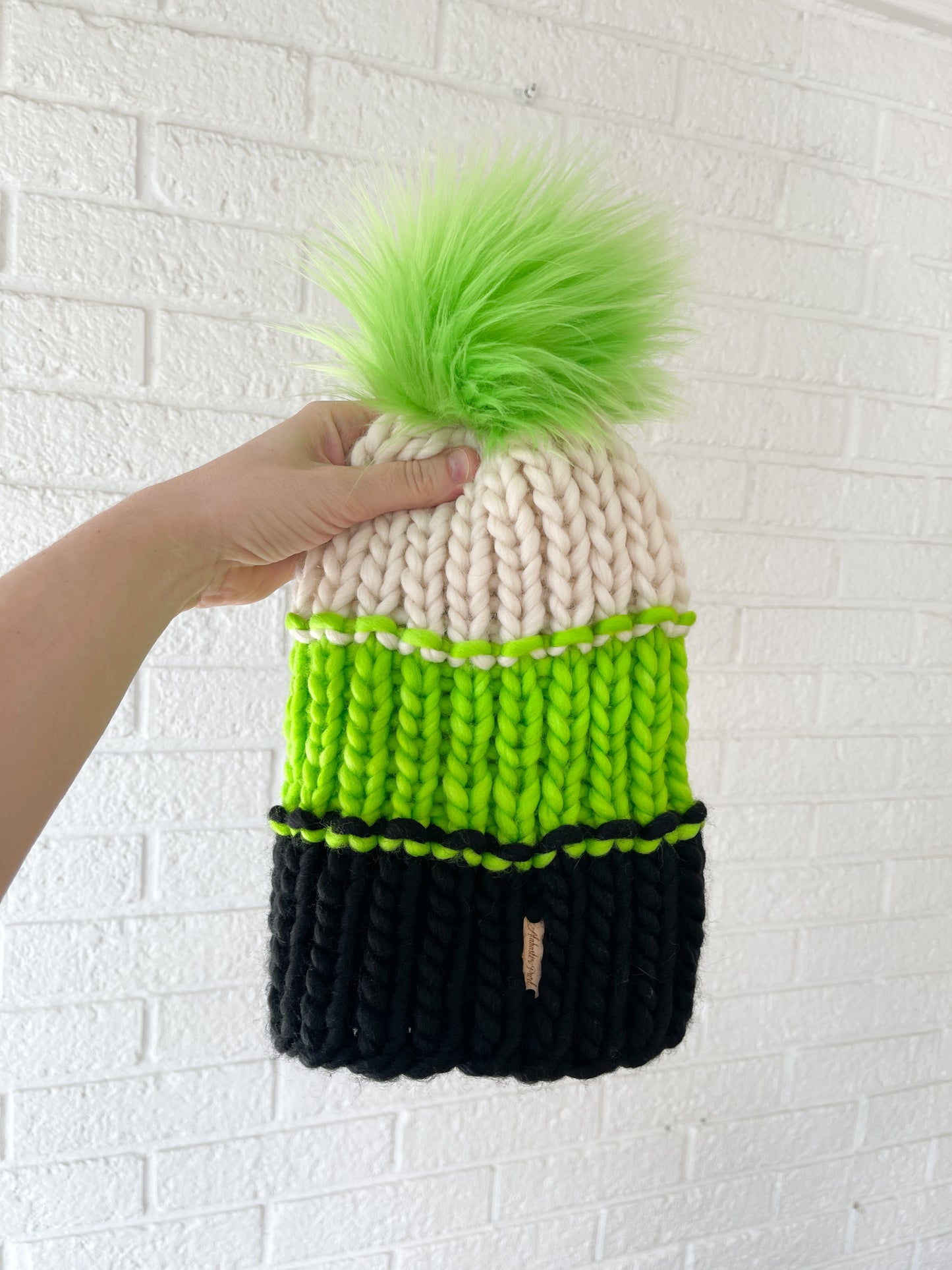Color Block Beanie //  Black, Sour Apple, Cream - Merino Wool