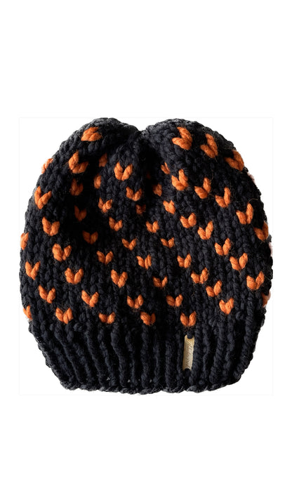 Wild Hearts Beanie // Black with Orange Hearts - Pick Your Pom